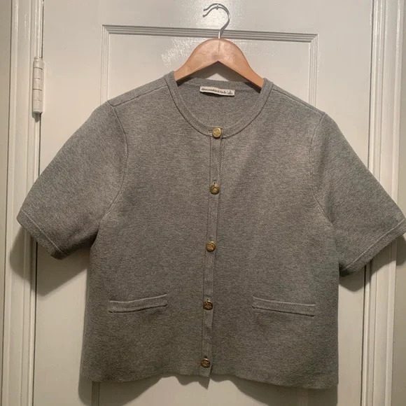 Abercrombie & Fitch Lux Soft Heavy Knit Gray Cardigan Jacket with Gold Buttons L - Picture 2 of 16